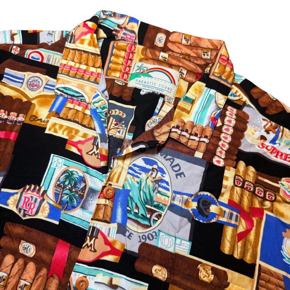 Paradise Found Cigar Label Aloha Shirt Honolulu Hawaii Mens XL Short Sleeve